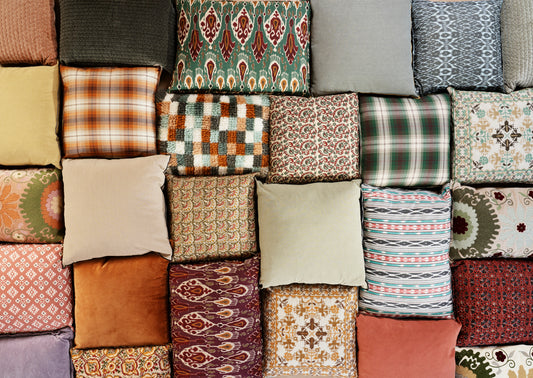 Printed cushion cover in sand, syrah and khaki | Minerva Interiors