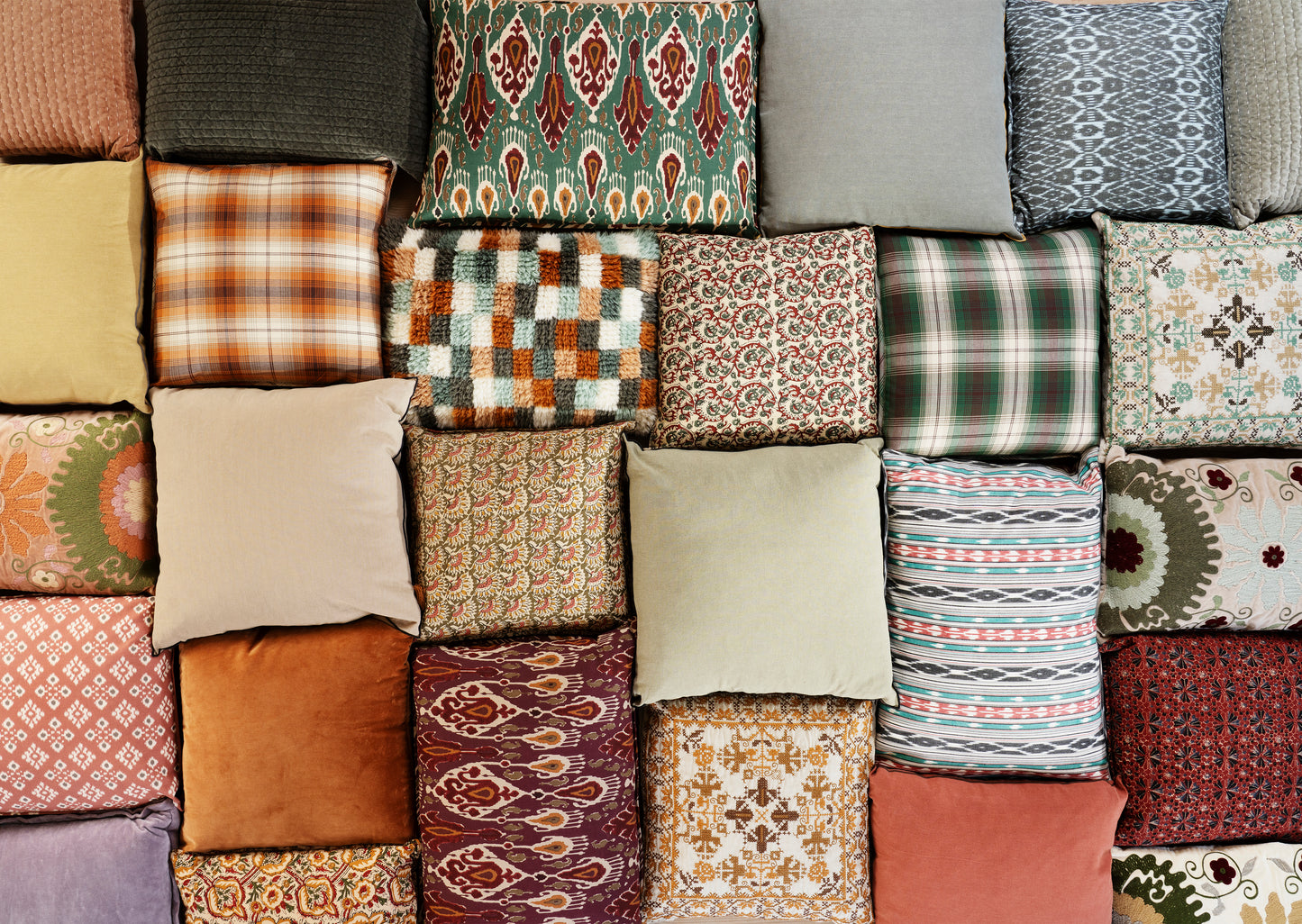 Printed cushion cover in sand, syrah and khaki | Minerva Interiors