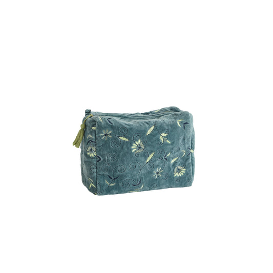 Embroidered velvet wash bag in dusty blue, lime and blue | Minerva Interiors