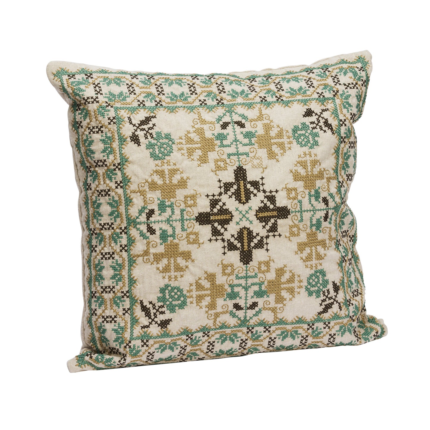 Embroidered cushion cover in beige, olive, green and khaki | Minerva Interiors
