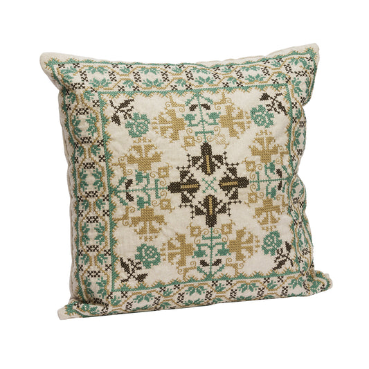 Embroidered cushion cover in beige, olive, green and khaki | Minerva Interiors