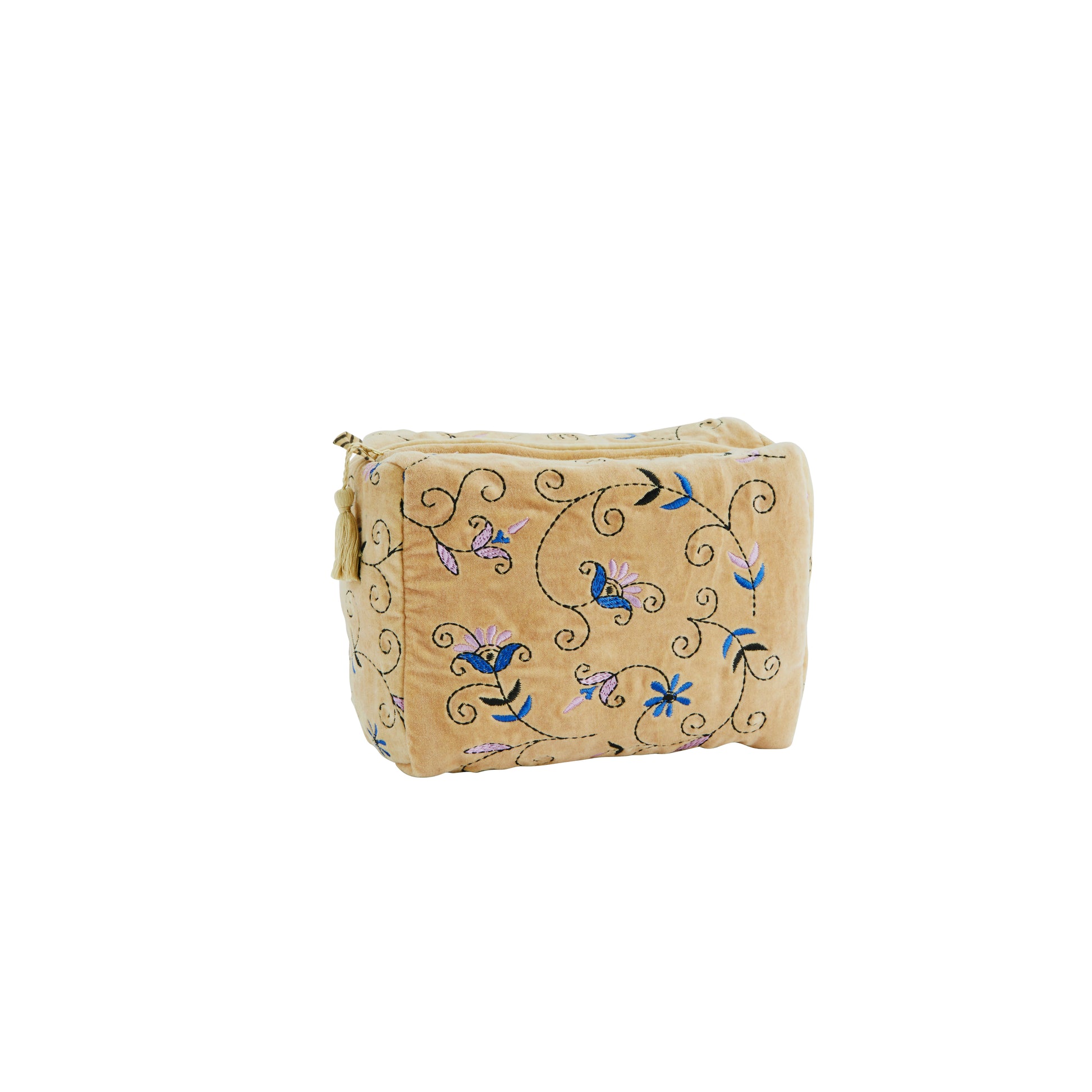 Embroidered velvet wash bag in hemp, blue, pink and black | Minerva Interiors