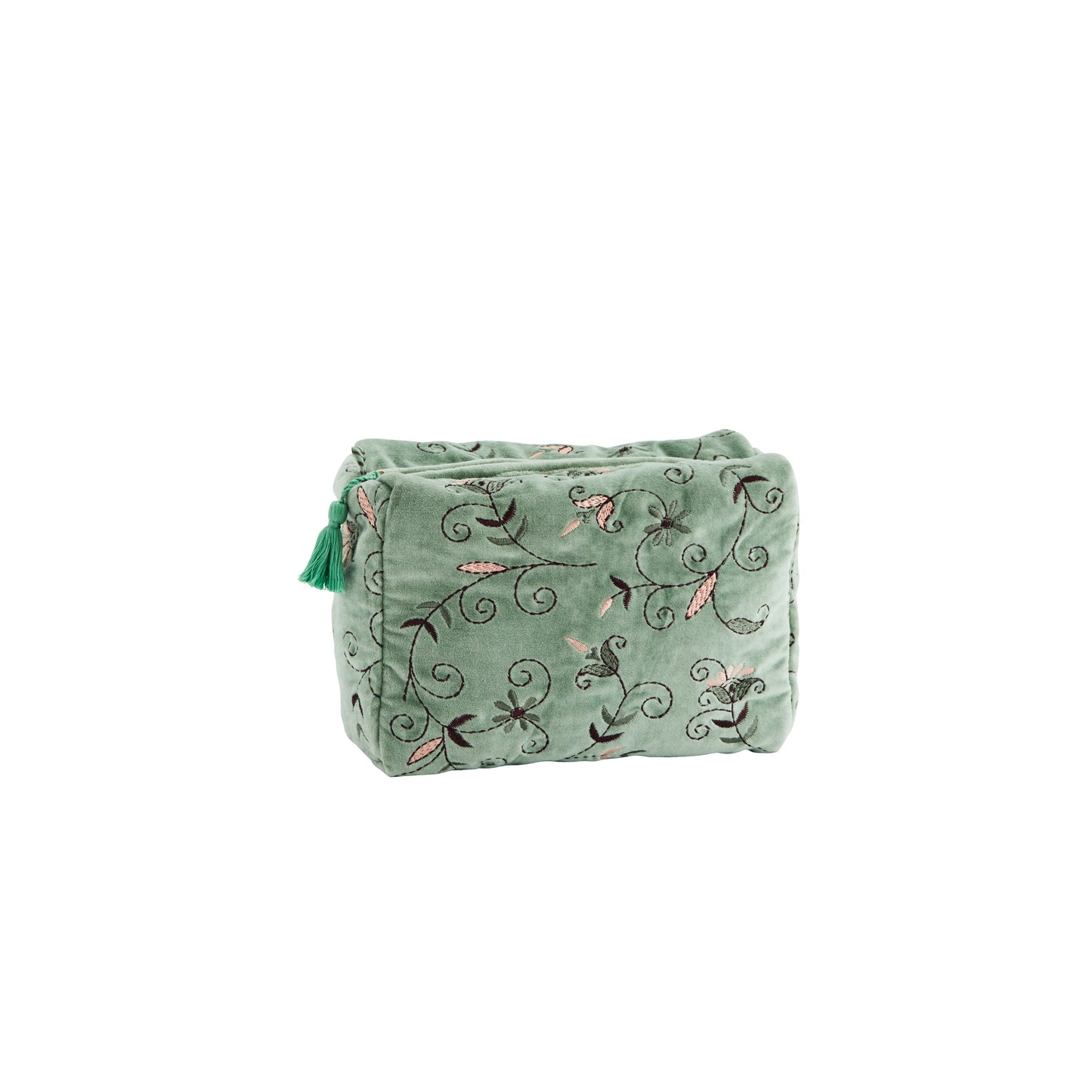 Embroidered velvet wash bag in green, aubergine and rose | Minerva Interiors
