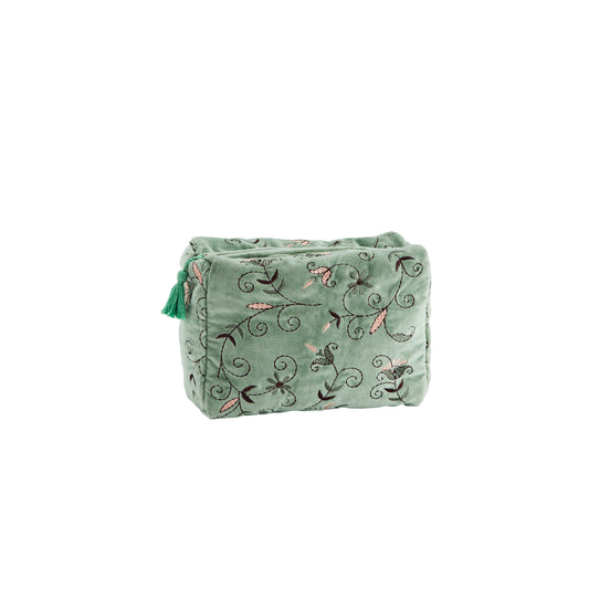 Embroidered velvet wash bag in green, aubergine and rose | Minerva Interiors