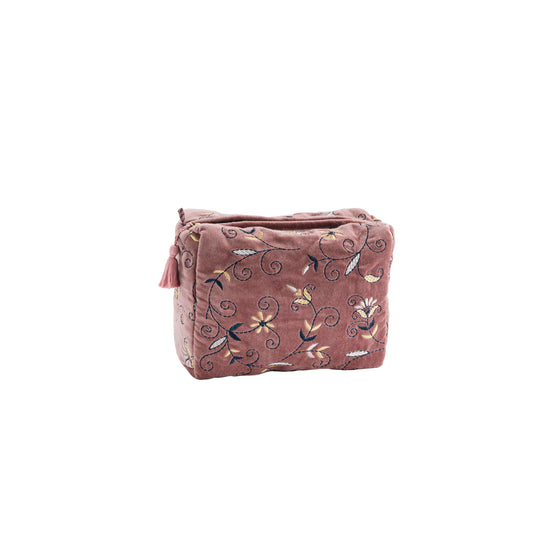 Embroidered velvet wash bag in dusty rose, dark blue, powder and grey | Minerva Interiors