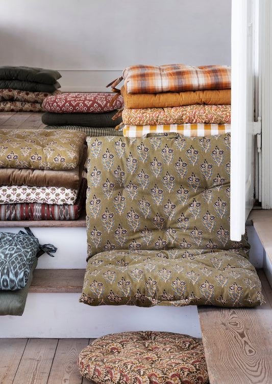 Printed cotton chair cover set of 2 in olive, nude, blue and black | Minerva Interiors