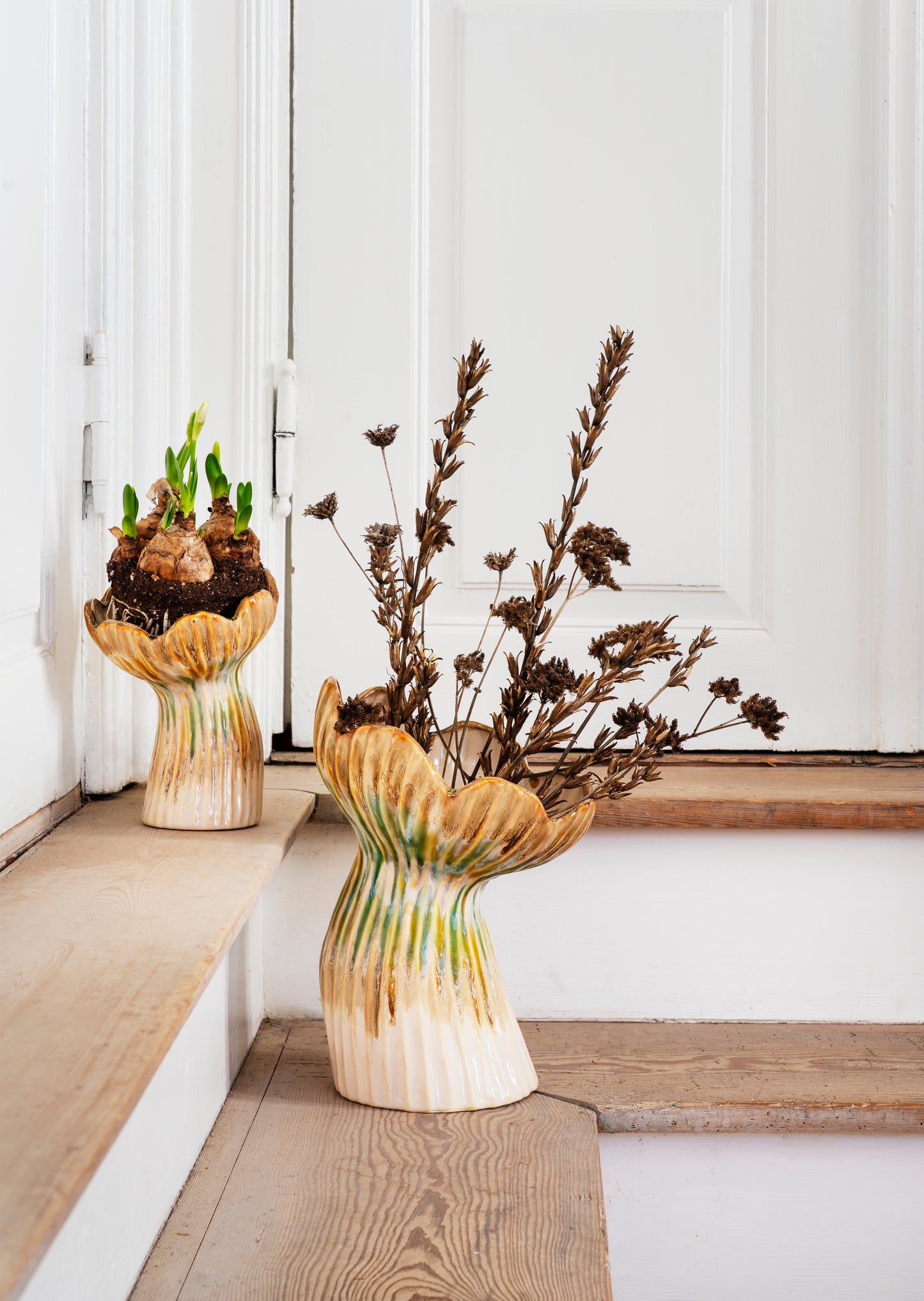 Large florere stoneware vase in beige, green and mustard | Minerva Interiors