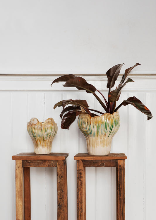 Allium Stoneware Vase, Medium - Beige, Green, Mustard