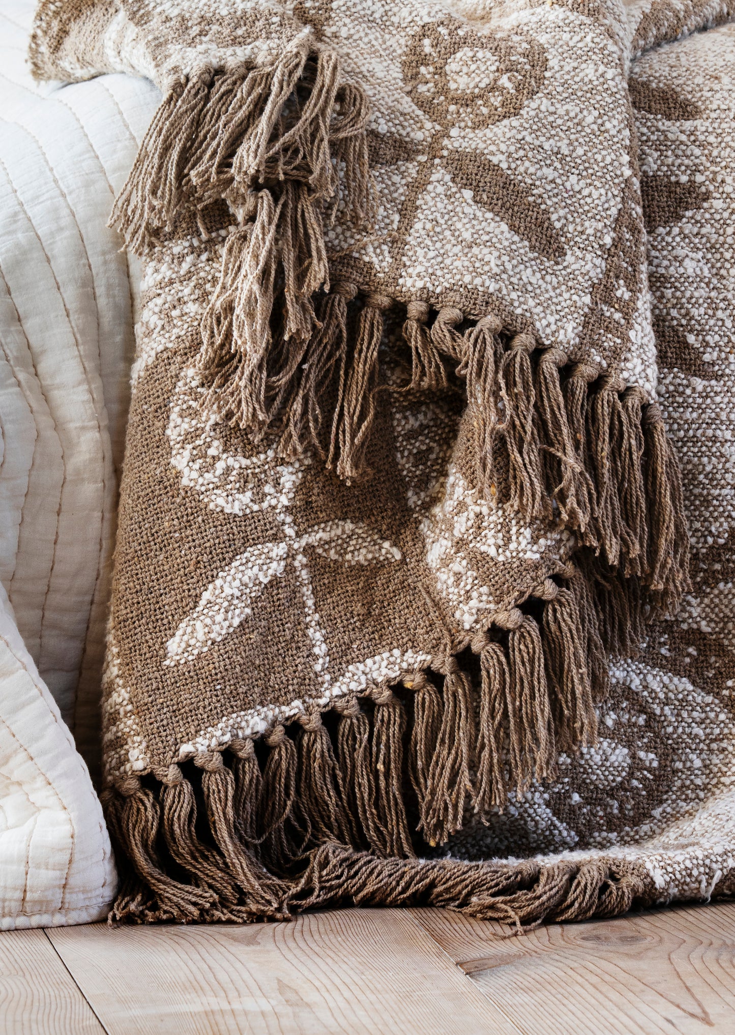 Reversible cotton throw in taupe and off white | Minerva Interiors