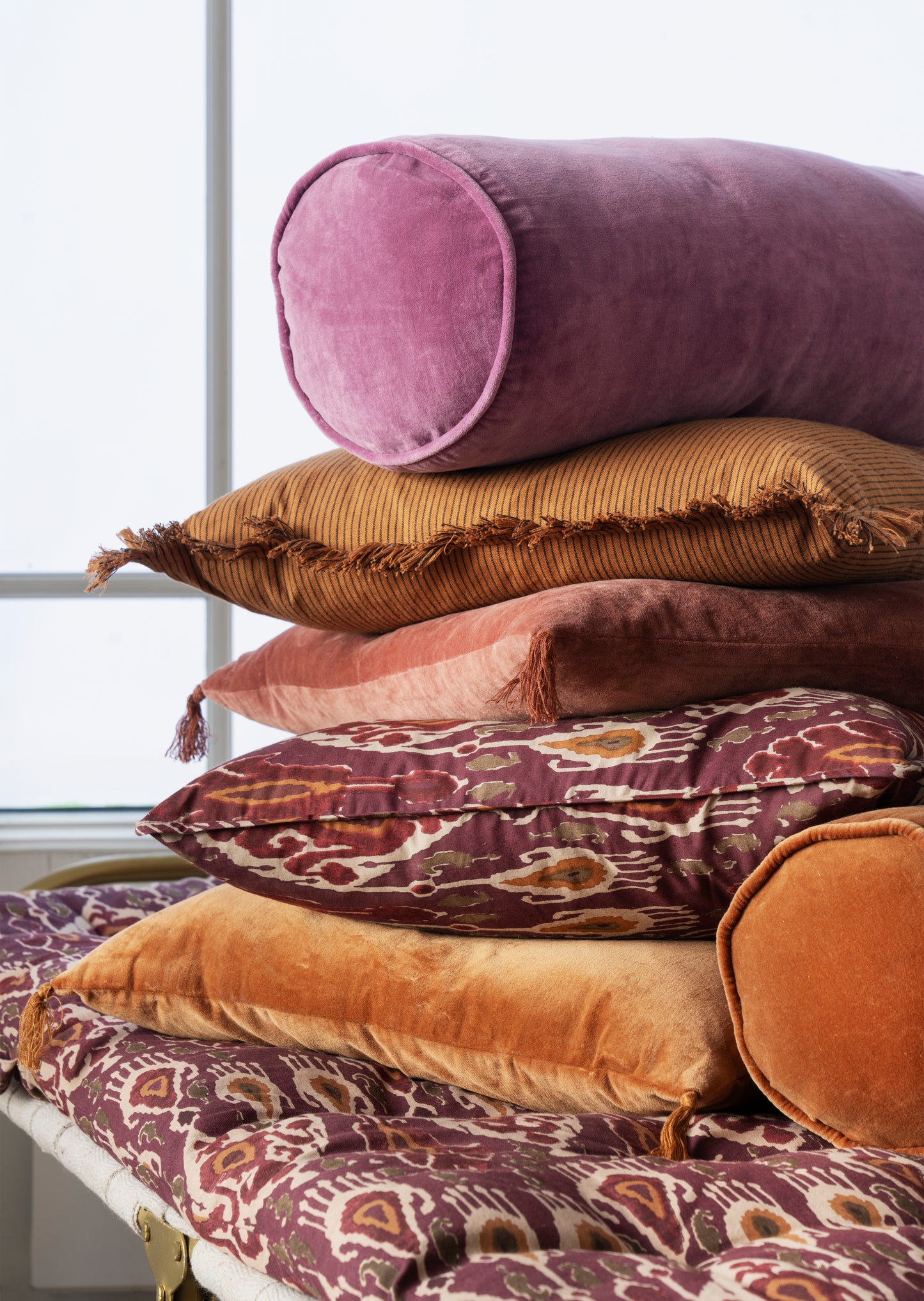 Printed cushion cover in fig, sand, honey, syrah and greige | Minerva Interiors