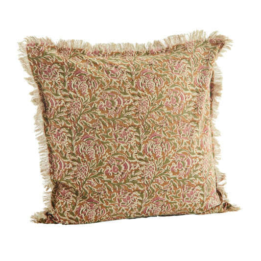 Cushion cover with fringe edge in honey, rose, green and off white | Minerva Interiors