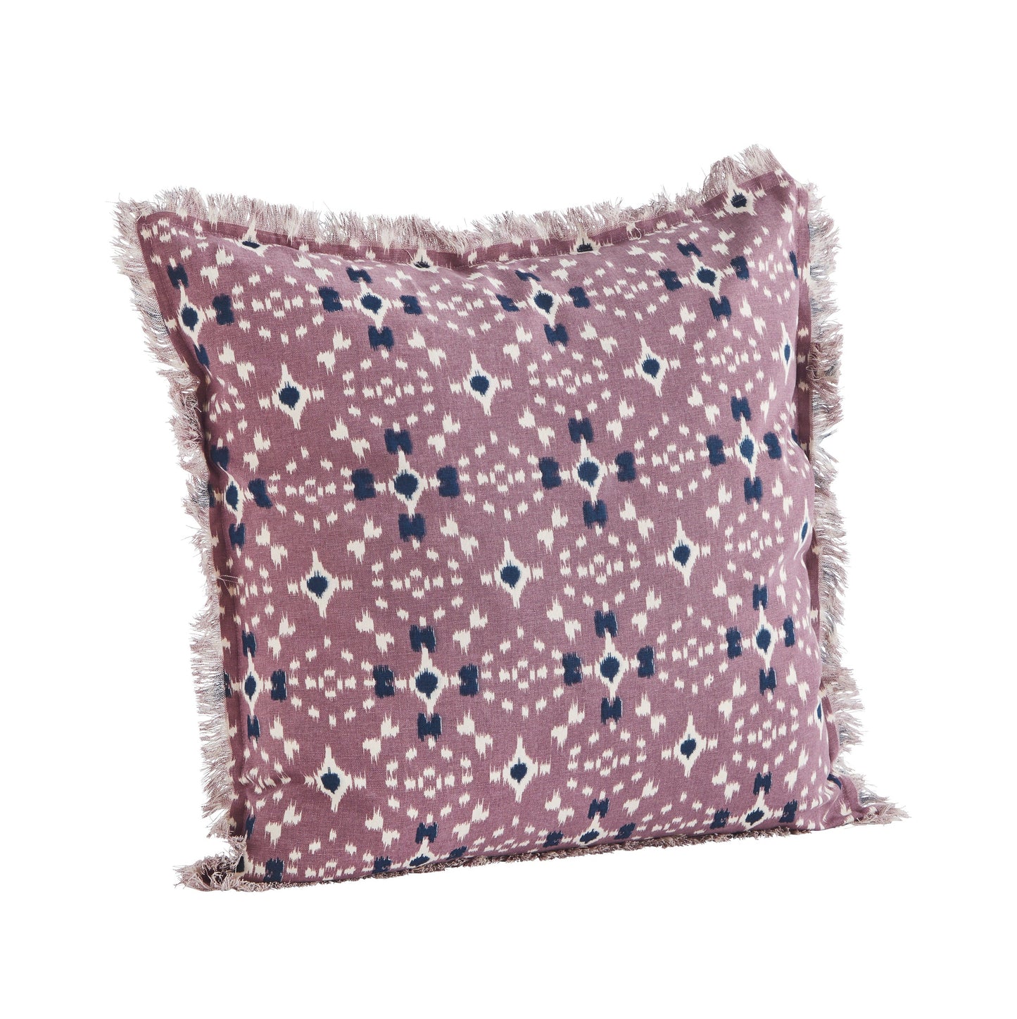 Cushion cover with fringe edge in dusty lilac, off white and dark blue | Minerva Interiors