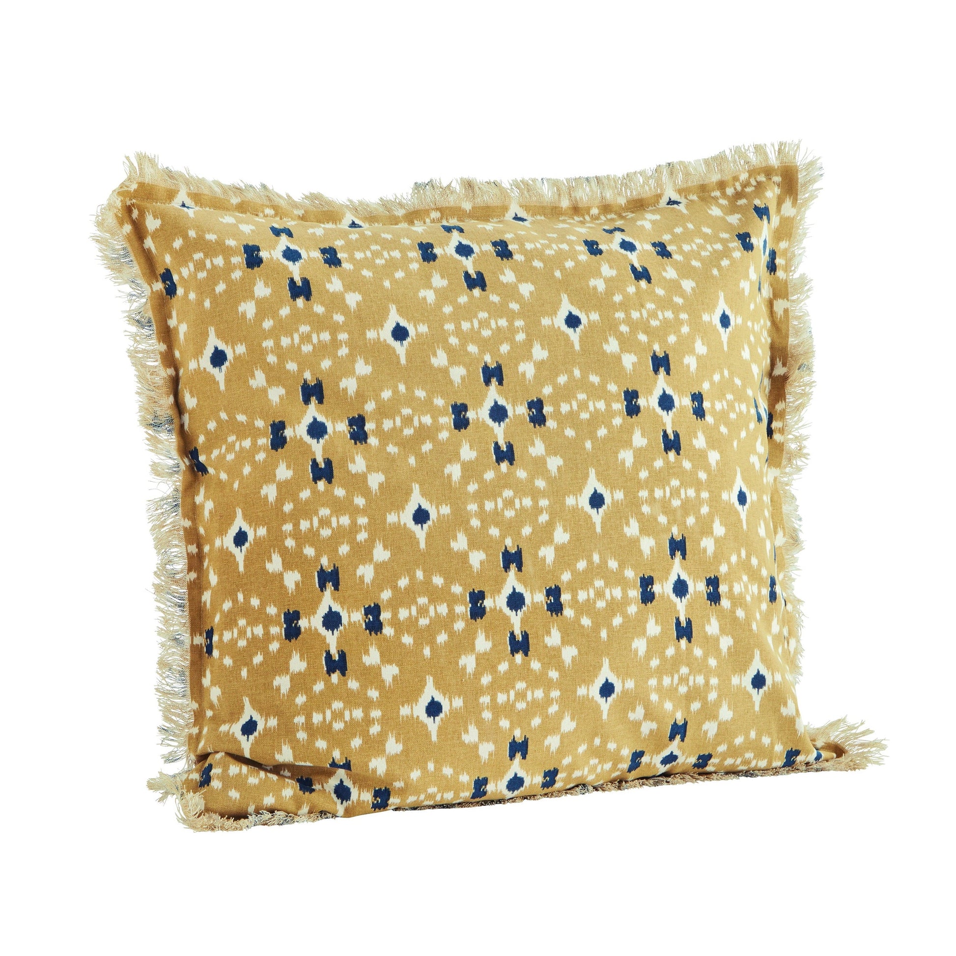 Cushion cover with fringe edge in mustard, off white and dark blue | Minerva Interiors