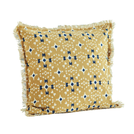 Cushion cover with fringe edge in mustard, off white and dark blue | Minerva Interiors