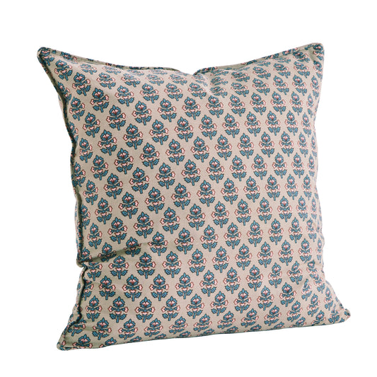 Printed cushion cover in taupe, aqua and pink | Minerva Interiors