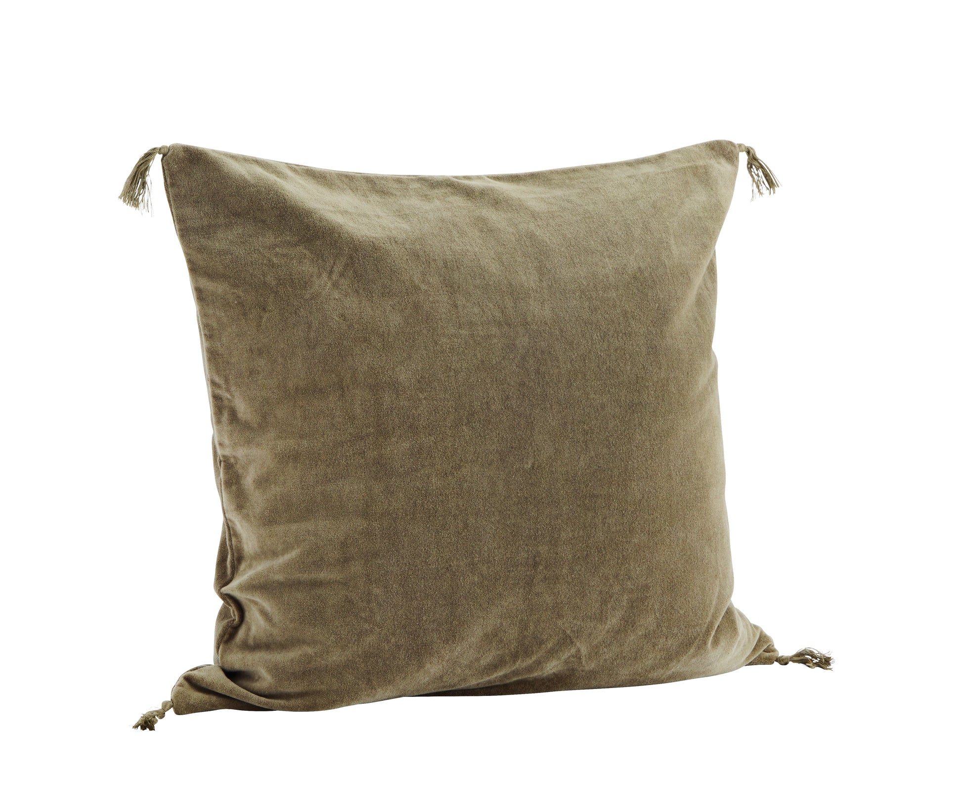 Velvet cushion cover with tassel detail in dusty green | Minerva Interiors