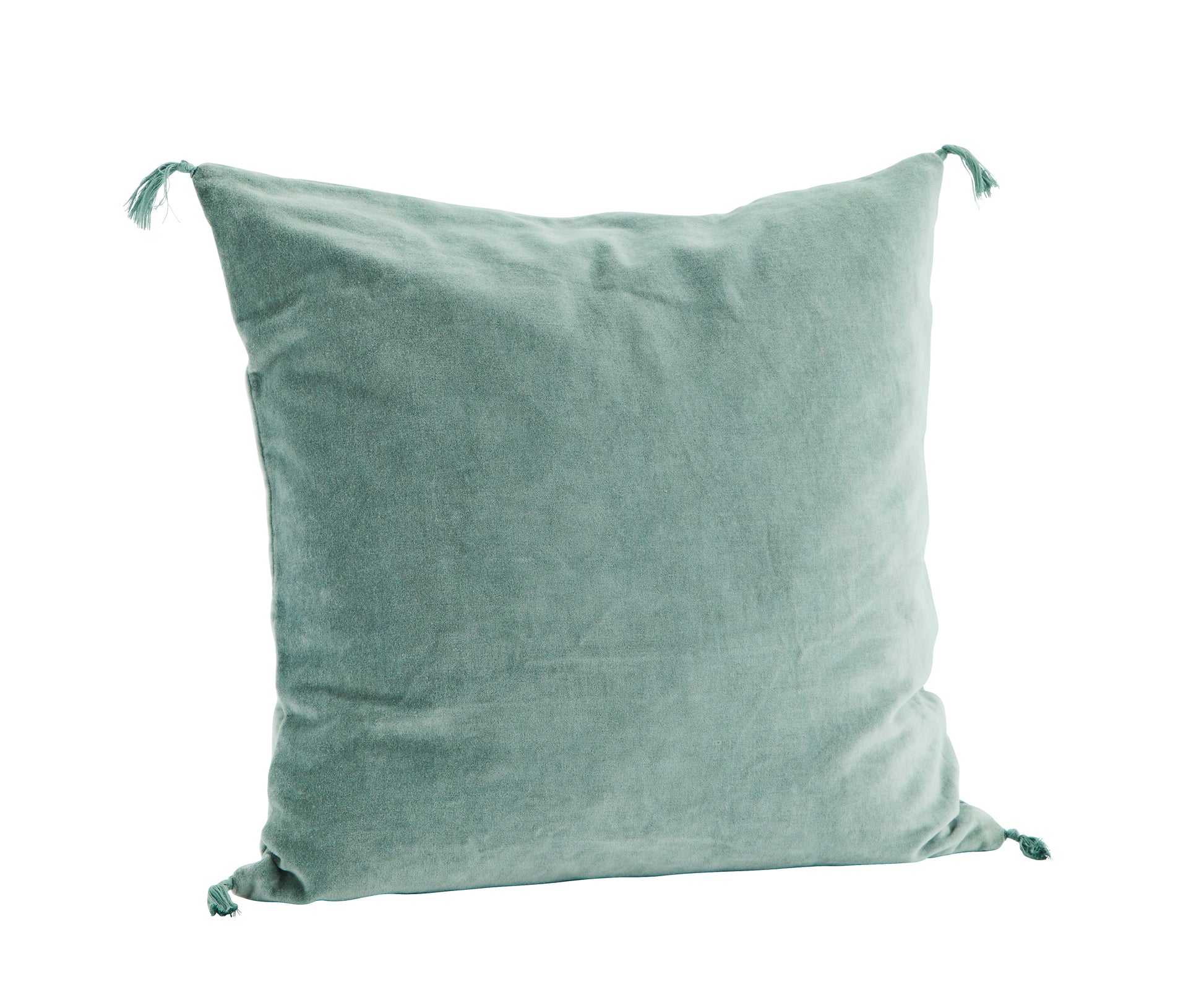 Velvet cushion cover with tassel detail in aqua | Minerva Interiors