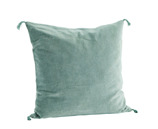 Velvet cushion cover with tassel detail in aqua | Minerva Interiors