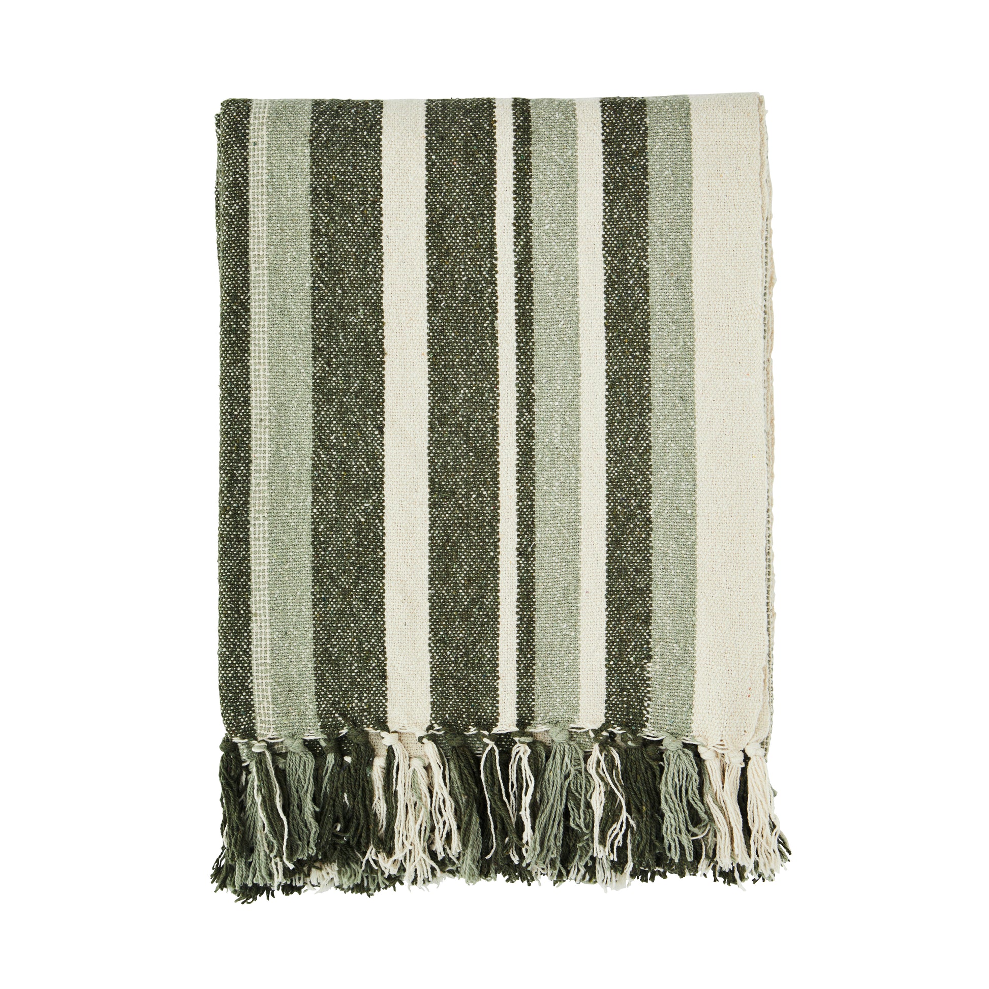 Cotton throw in off white, dark green and sage | Minerva Interiors