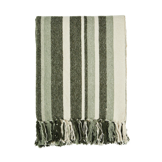 Cotton throw in off white, dark green and sage | Minerva Interiors