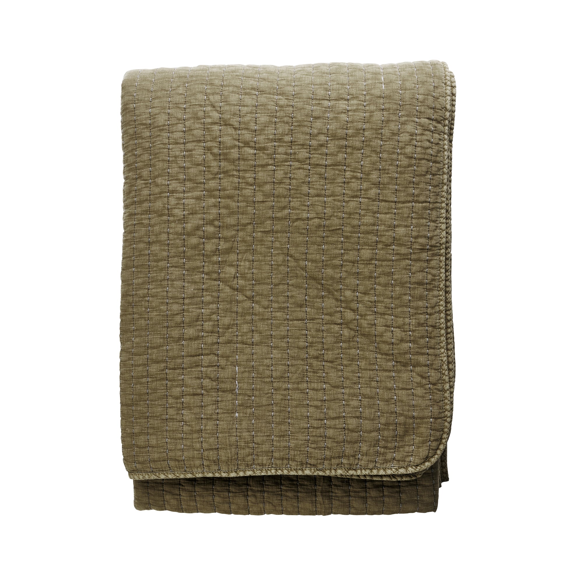 Quilted cotton bed cover and throw in khaki and dark green | Minerva Interiors