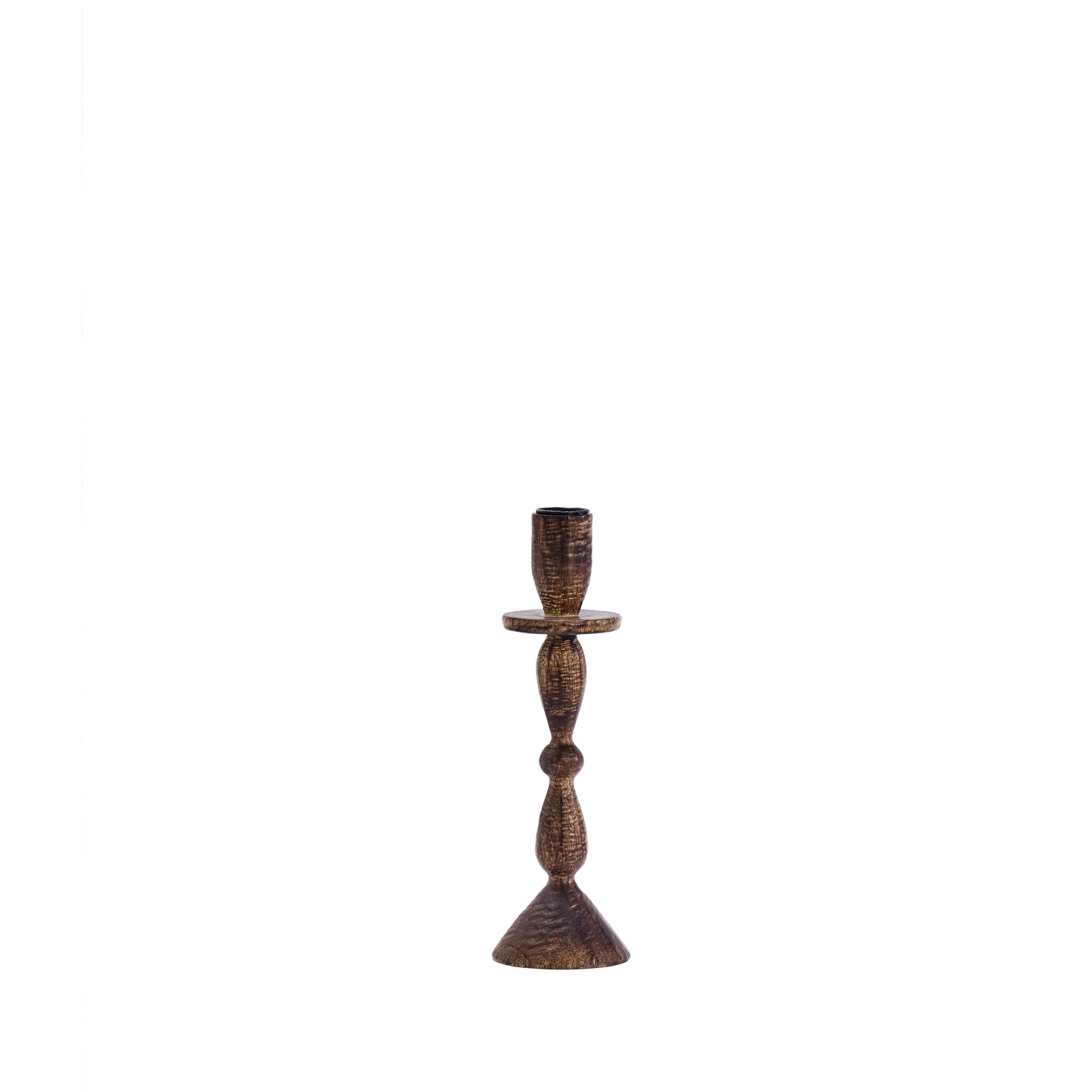 Tall wooden candle holder in dark and natural finish | Minerva Interiors