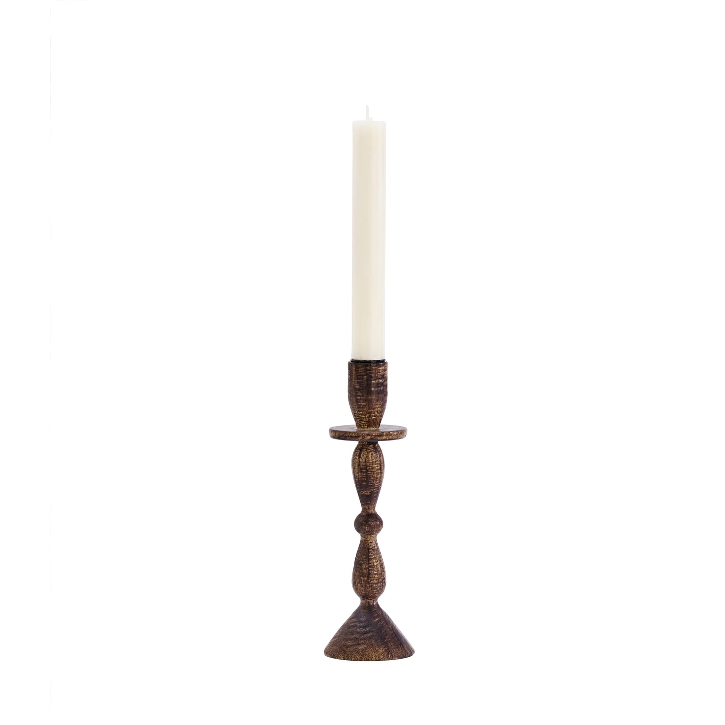 Tall wooden candle holder in dark and natural finish | Minerva Interiors