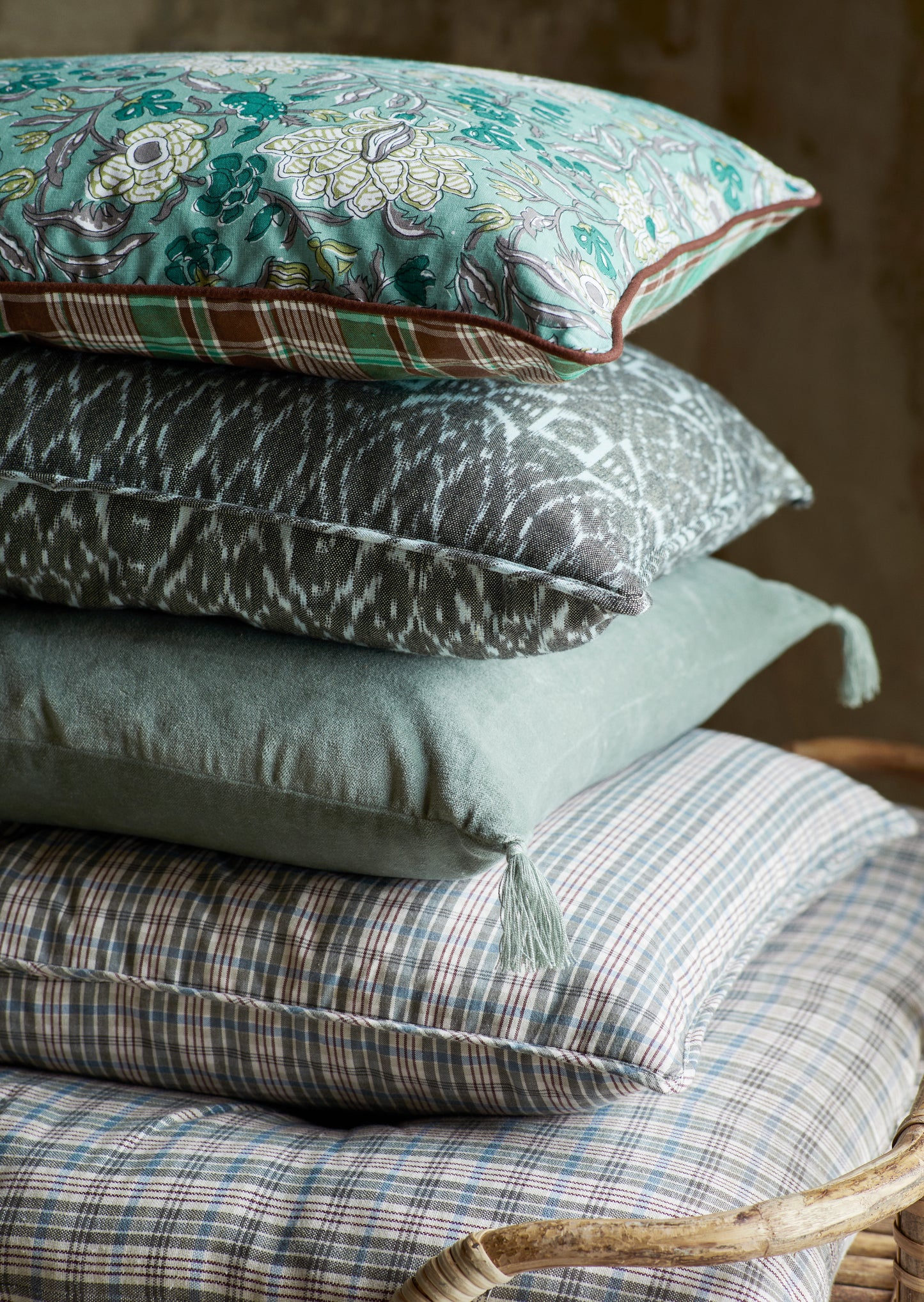 Velvet cushion cover with tassel detail in aqua | Minerva Interiors
