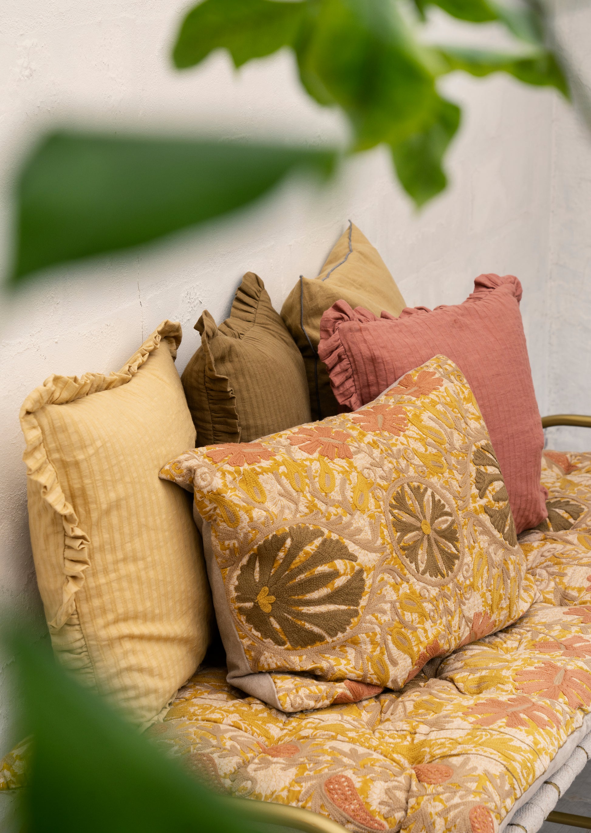 Cushion cover with ruffle edge in maroon | Minerva Interiors