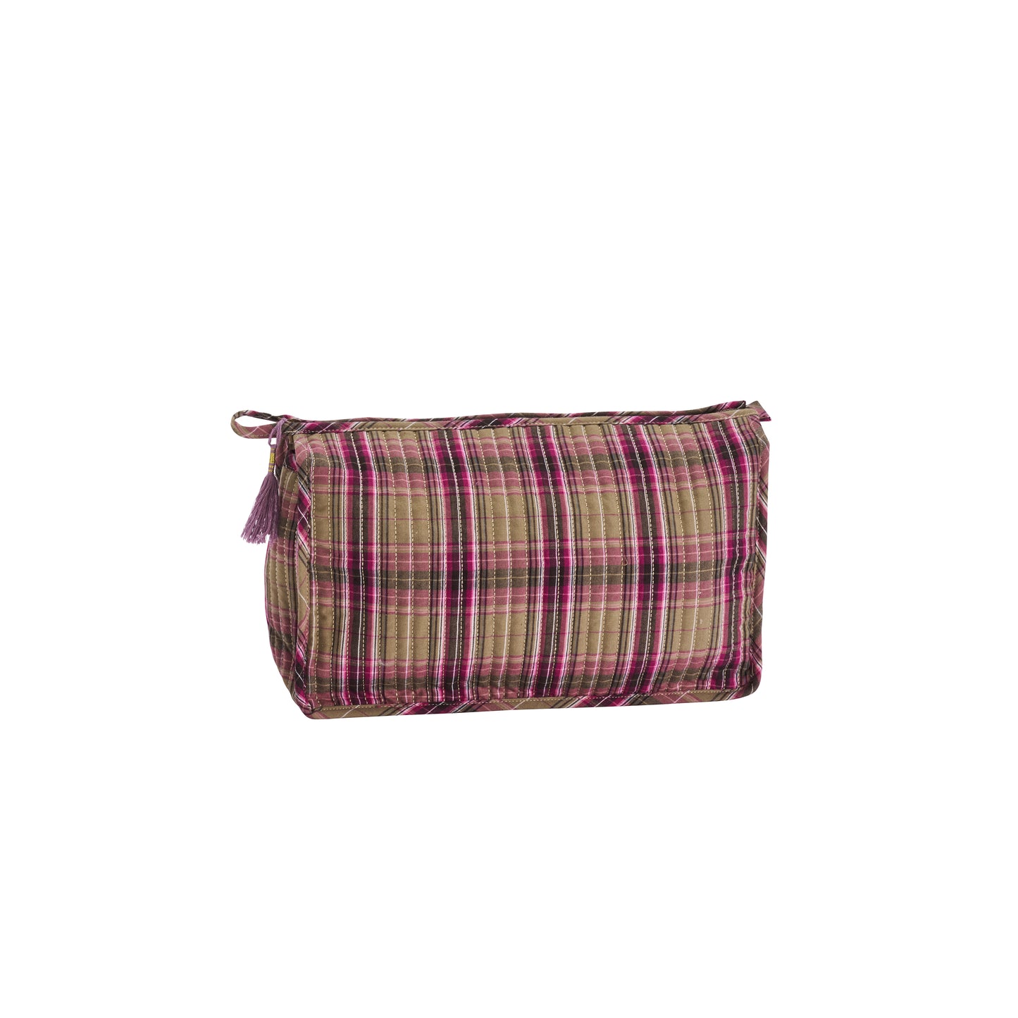 Quilted wash bag in greige, boysenberry and black | Minerva Interiors