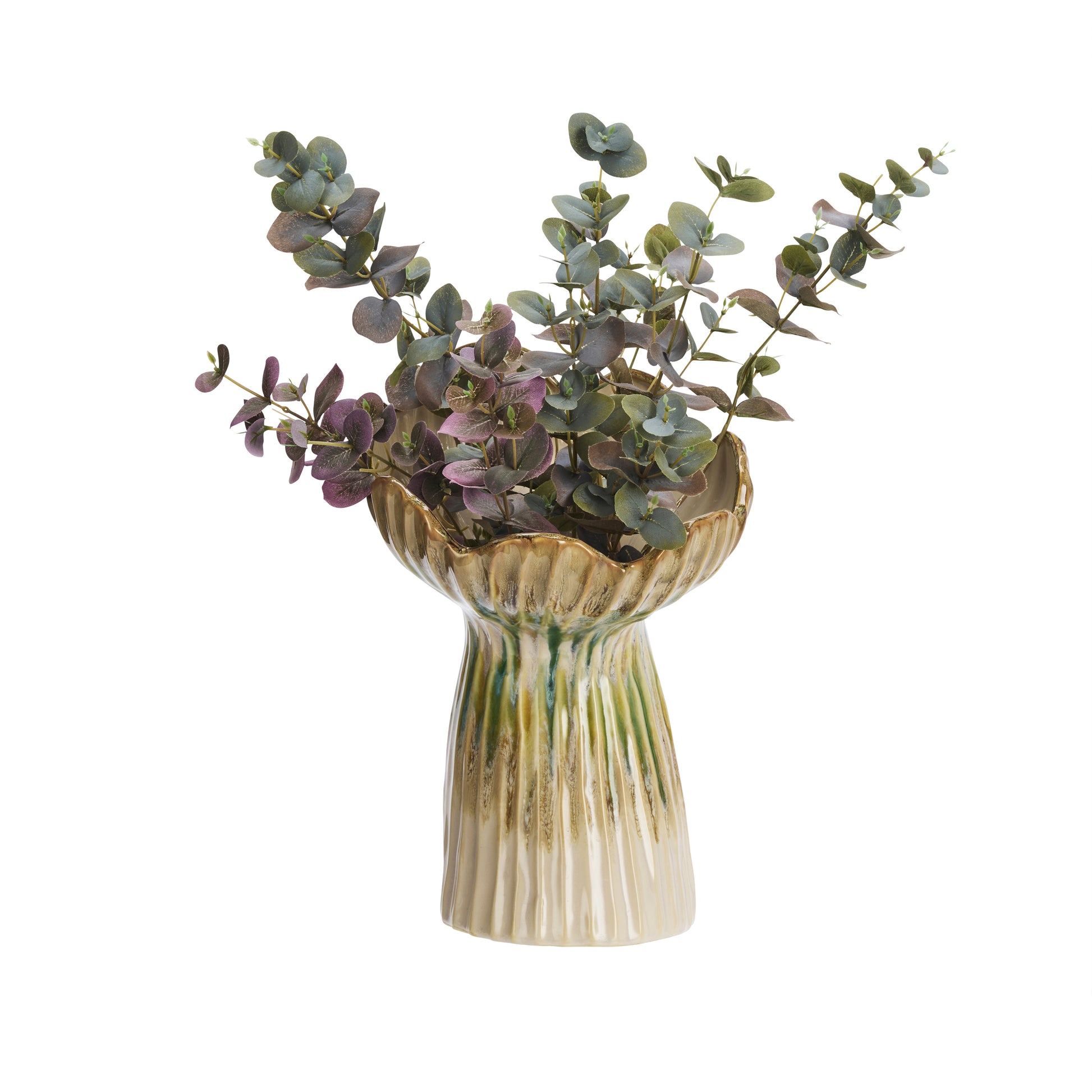 Large florere stoneware vase in beige, green and mustard | Minerva Interiors