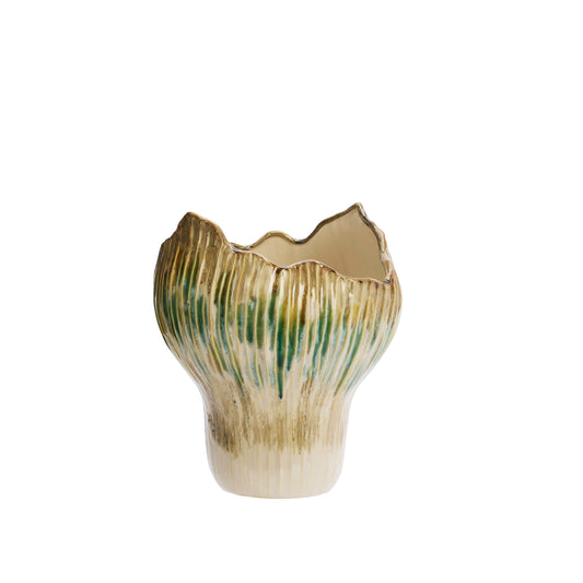 Allium Stoneware Vase, Large - Beige, Green, Mustard
